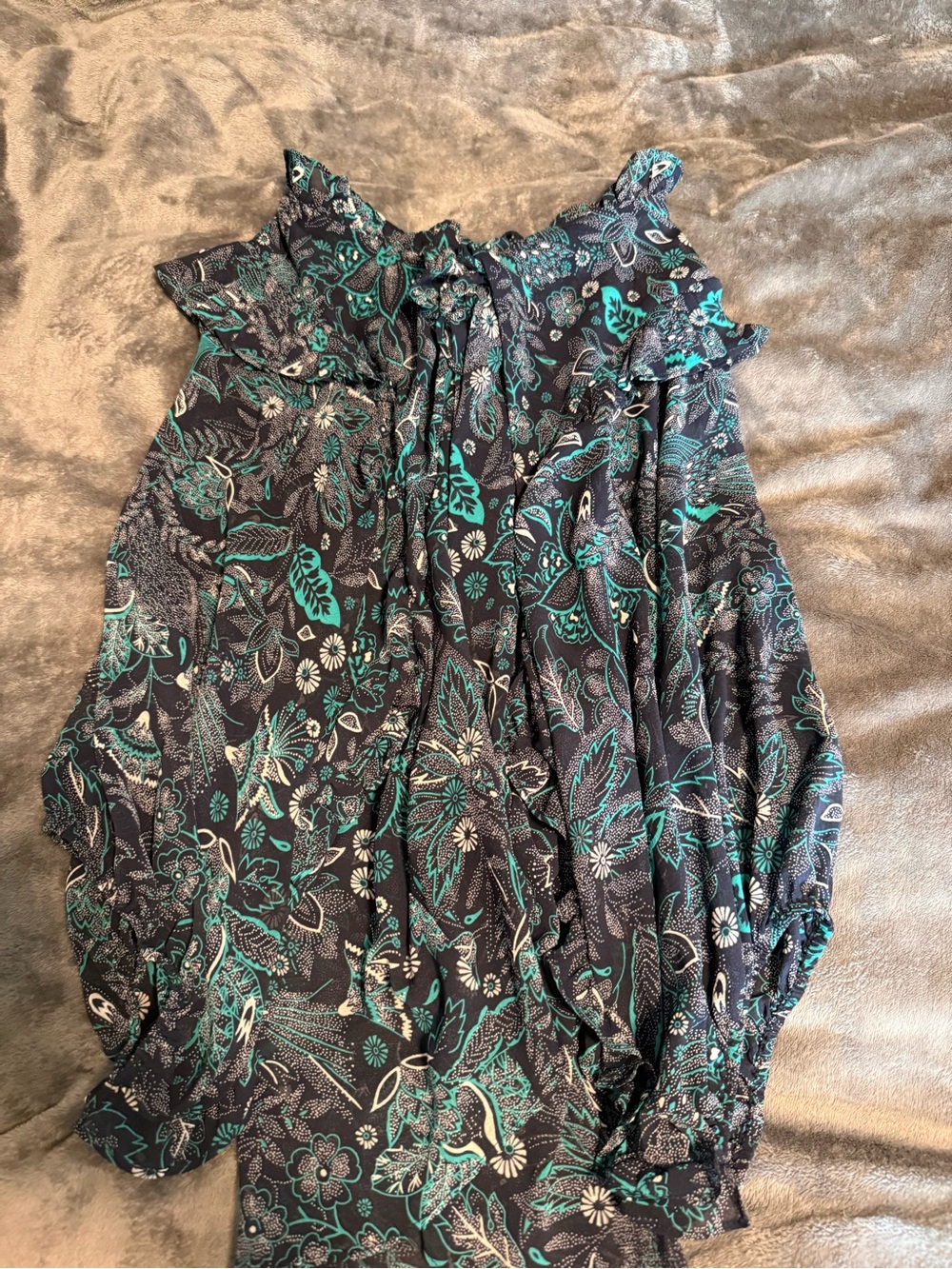 Anthropologie Teal and Black Floral Off-Shoulder Blouse